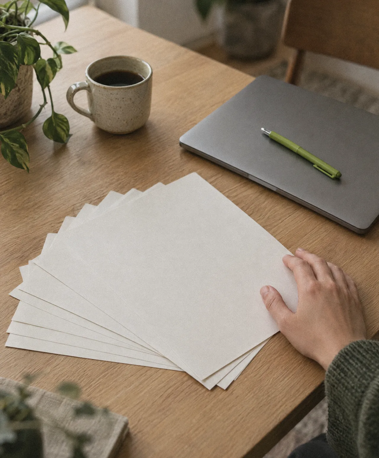 Printed pages, a laptop and a lime-green pen on an oak table during an audit.