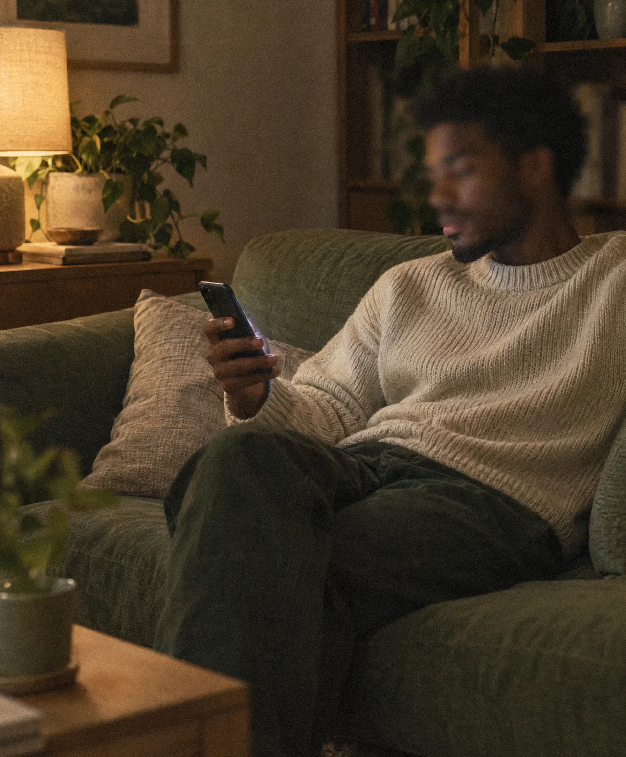 A customer checking his phone on the sofa in the evening.