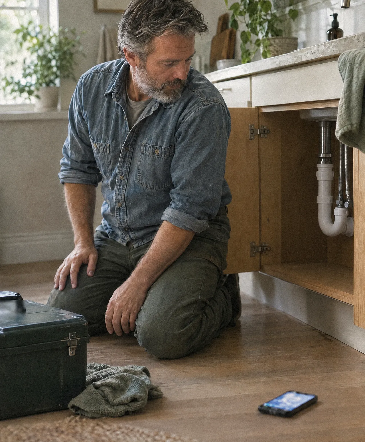 A plumber under a sink glances at his phone ringing on the floor.