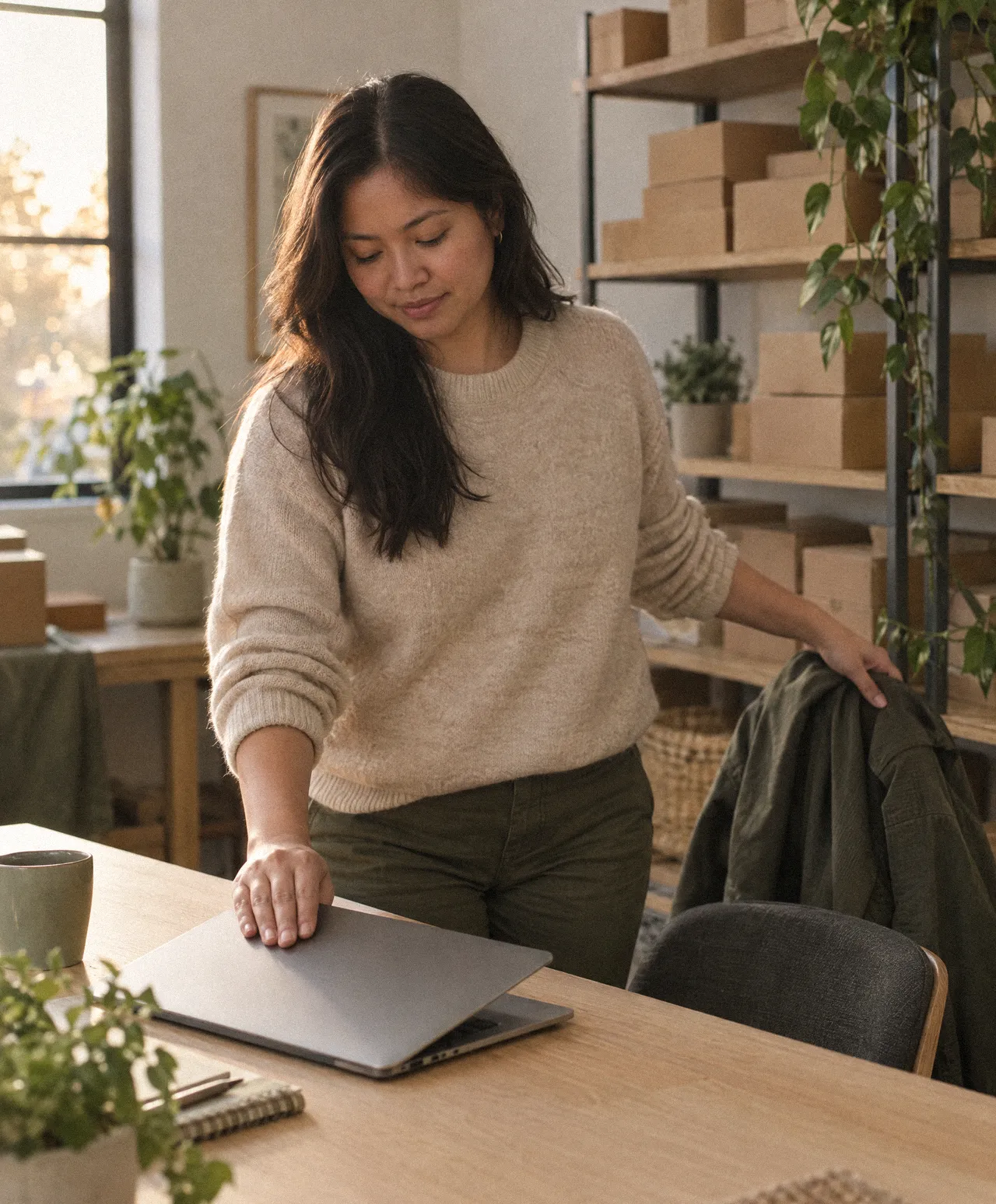Online shop owner closing her laptop at the end of the day.
