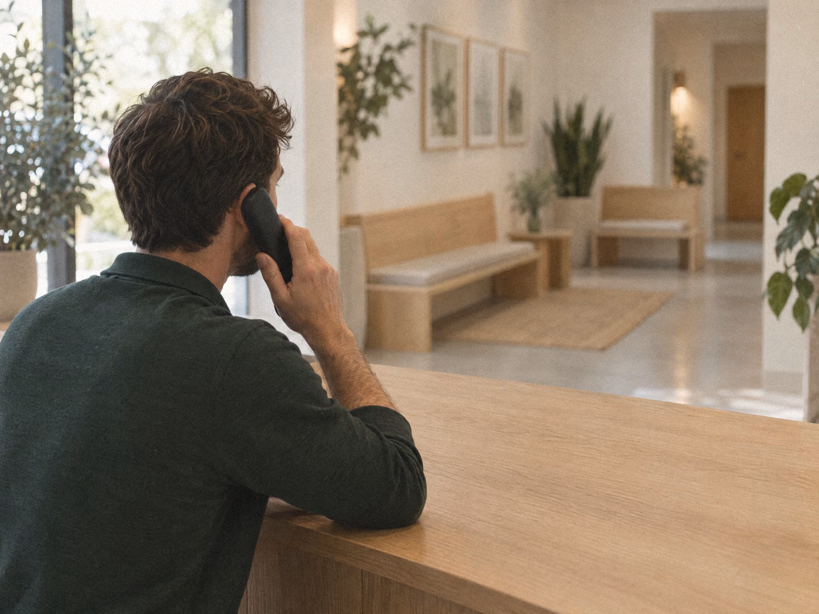 Clinic receptionist answering the phone at a clear front desk before opening.