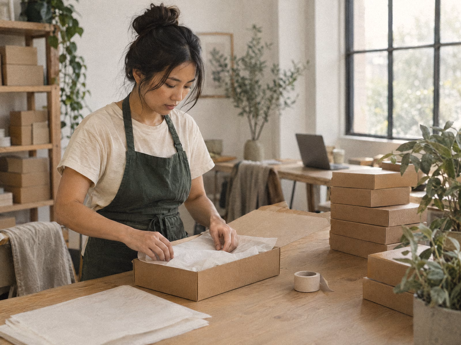 Founder of a small online brand packing an order at her studio table.