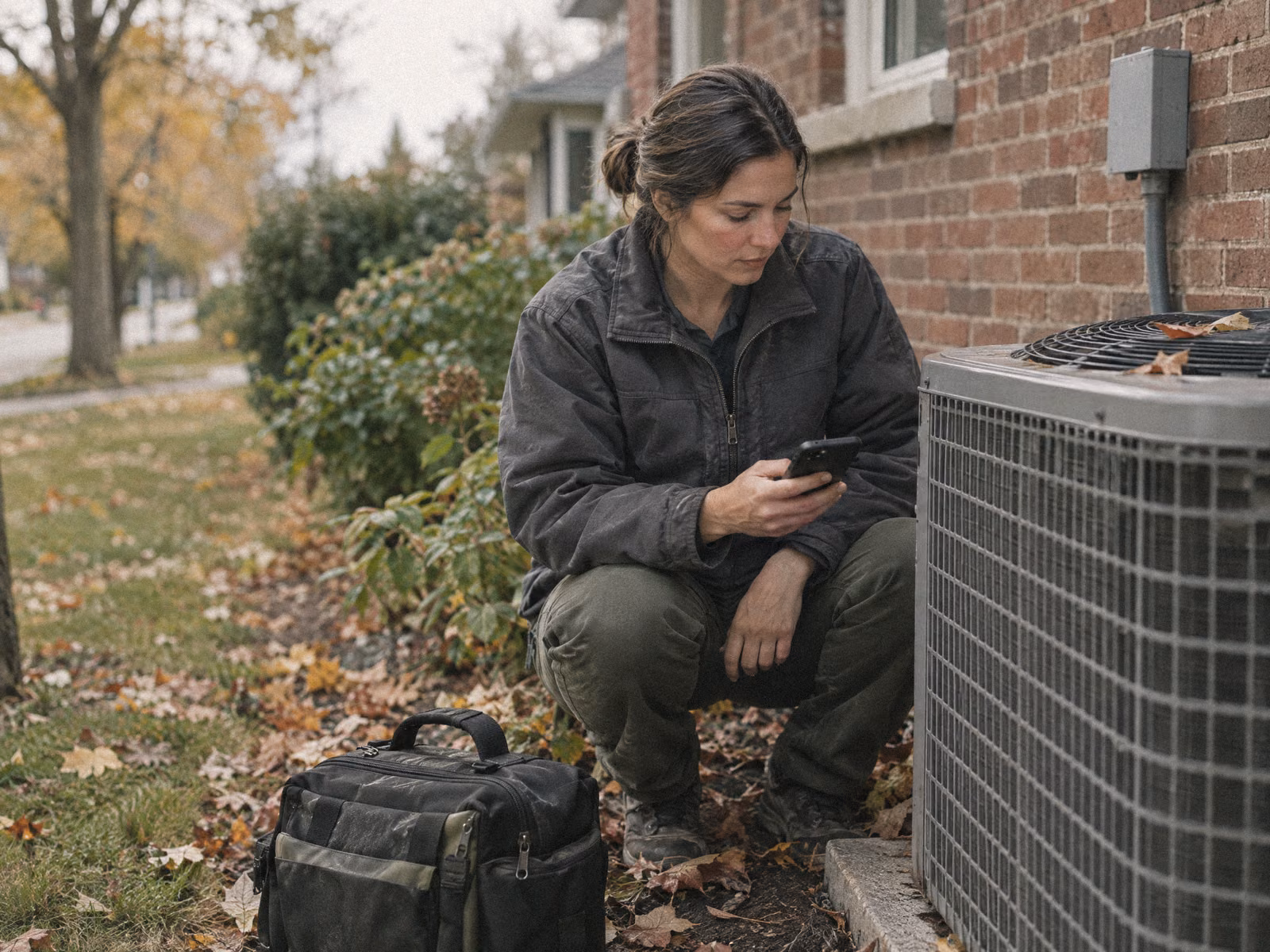 HVAC technician checking her phone beside an outdoor unit.