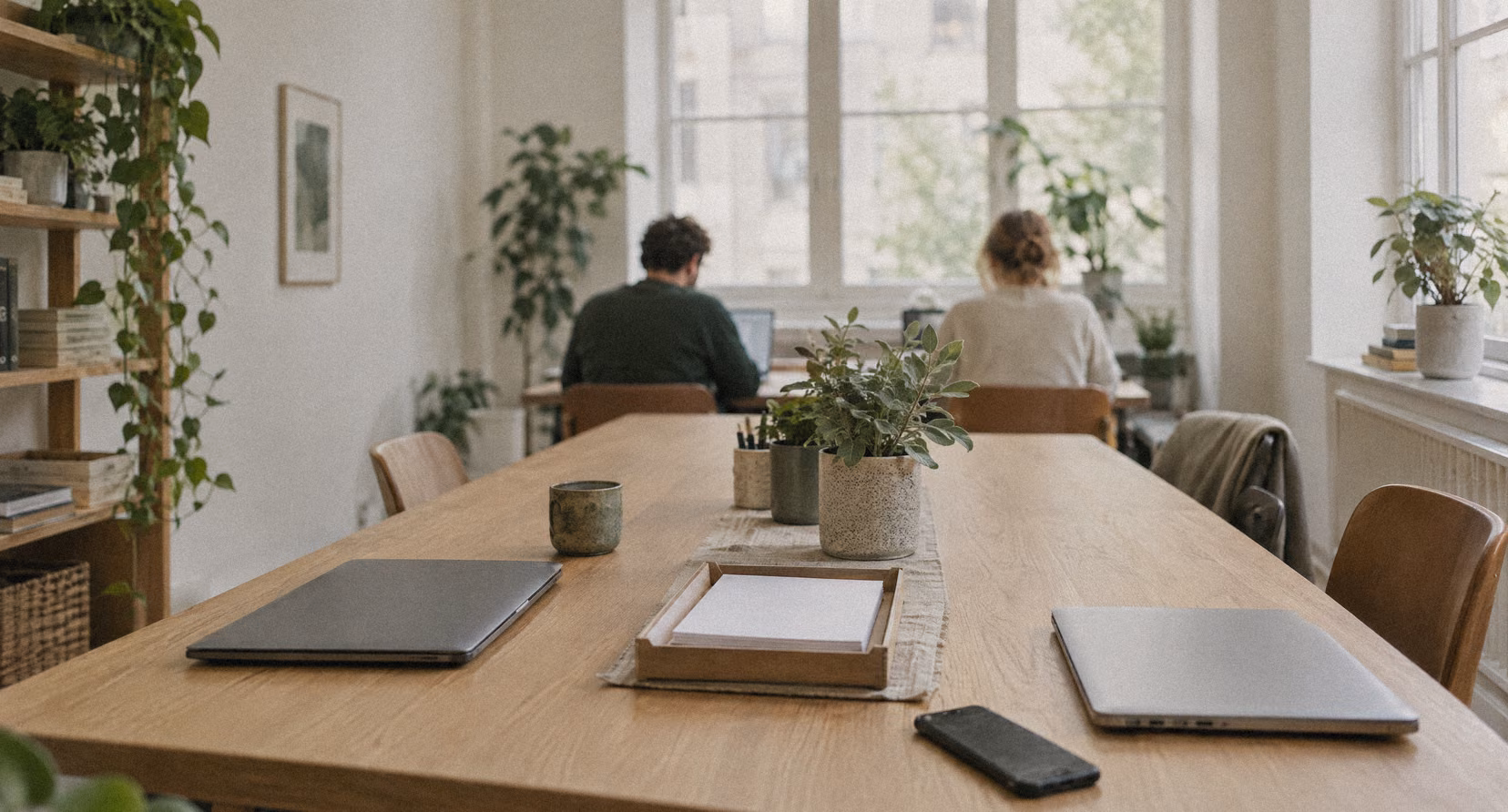Bright small office with a long oak table, laptops and plants.