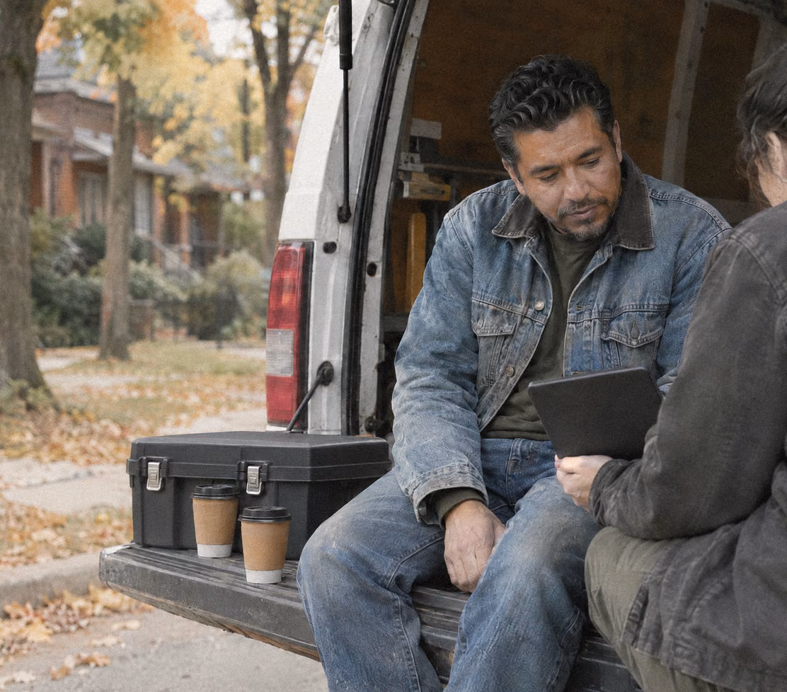A contractor on the back of his work van, going over a plan on a tablet with a colleague.